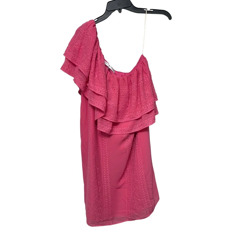 New‎ Trina Turk Phebe One Shoulder Eyelet Ruffle Mini Dress in Pink Size M